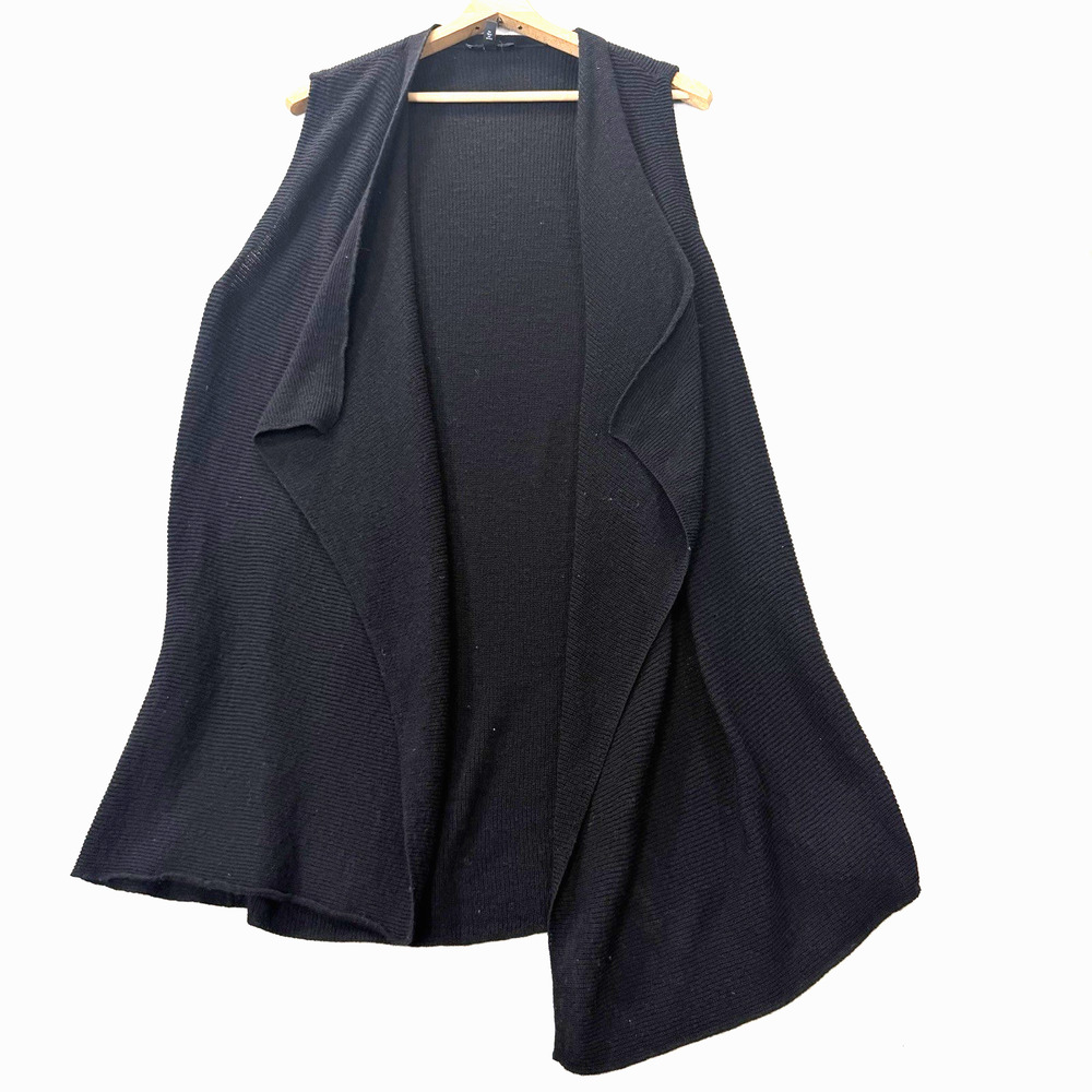 Eileen Fisher Vest L Black Wool Italian Yarn Waterfall Open Front Long Cardigan - Picture 2 of 9